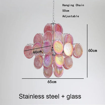 Orange glass disc chandelier seen from below with up and down light