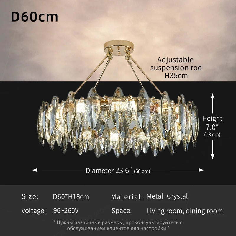 Plated crystal chandelier seen from below with continuous glowing crystal