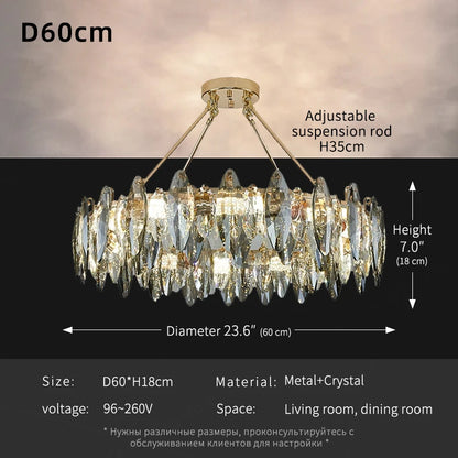 Plated crystal chandelier seen from below with continuous glowing crystal