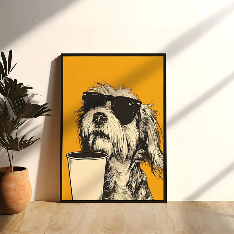 Funny Retro Dog Illustration Canvas Wall Art