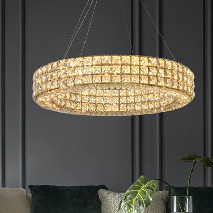 Crystal halo ring chandelier in gold with a crystal trimmed rim