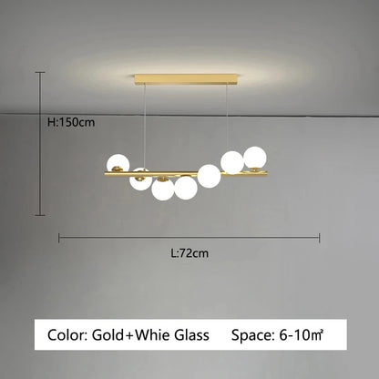 Type A glass bubble chandelier with seven shades on slim painted iron stems