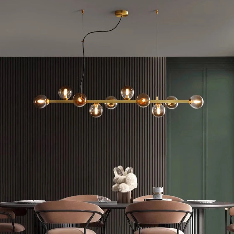 Eight head linear chandelier, 41.7 inches long, with white glass shades