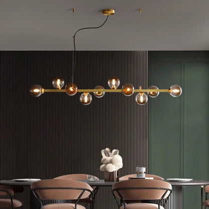 Eight head linear chandelier, 41.7 inches long, with white glass shades