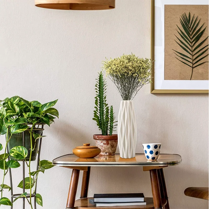 Light pink Nordic boho basket vase styled with dried pampas grass stems