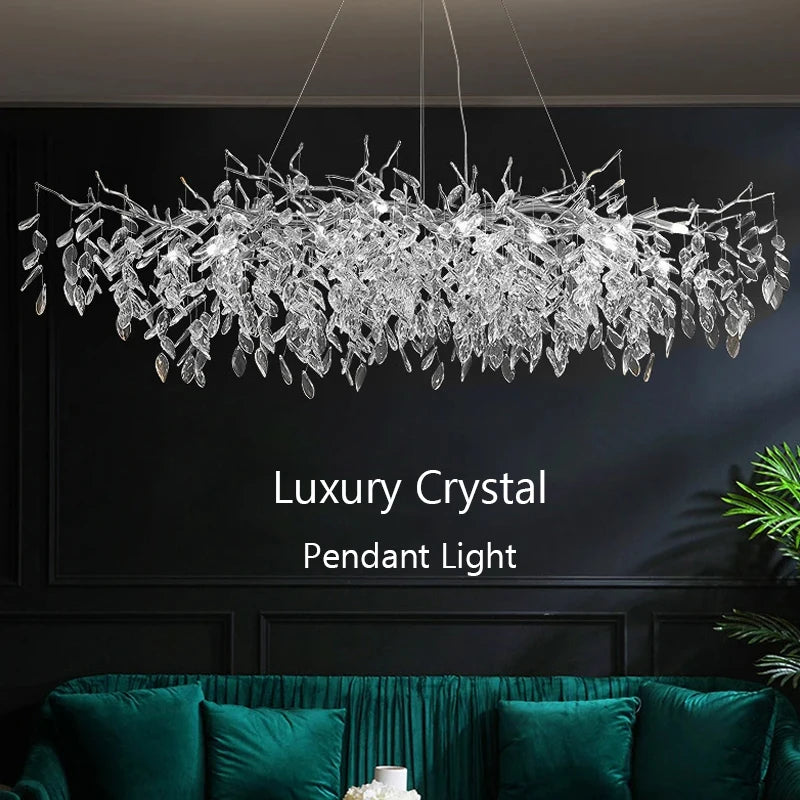 Silver crystal chain chandelier with crystal rows on a plated iron frame