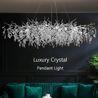Silver crystal chain chandelier with crystal rows on a plated iron frame
