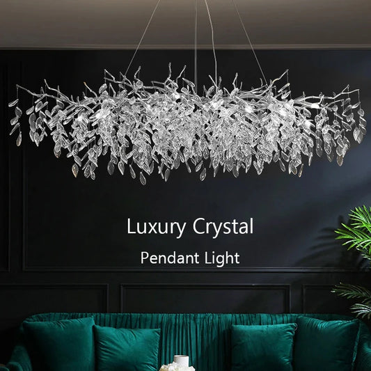 Silver crystal chain chandelier with crystal rows on a plated iron frame
