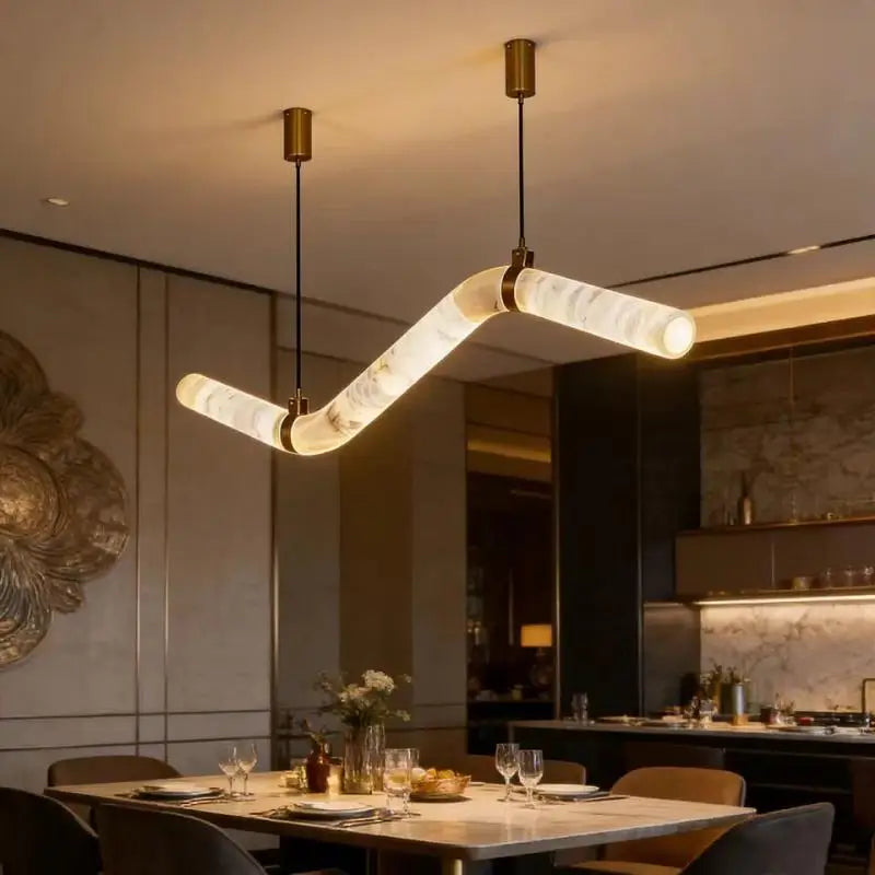 Long 59.1 in (150 cm) faux alabaster wave chandelier in brushed steel