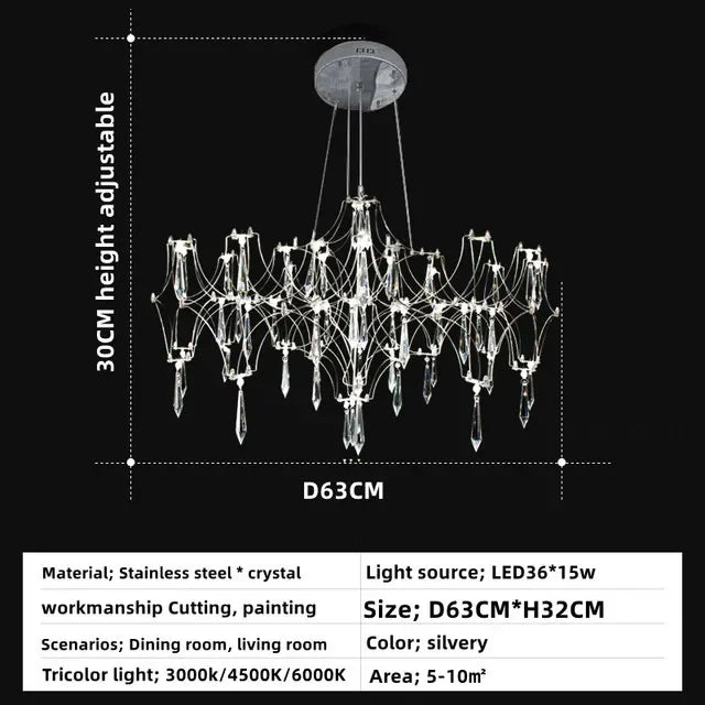 Chrome crystal chandelier at 31.5 in across shown in cold white light