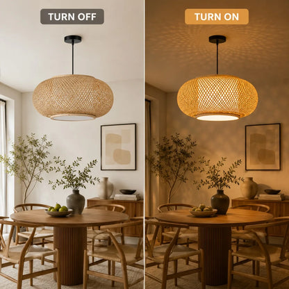 Bamboo woven chandelier throwing a patterned glow through its gaps