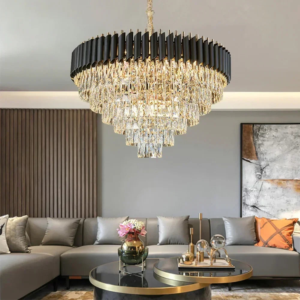 Black crystal round chandelier flush mounted on a polished steel body