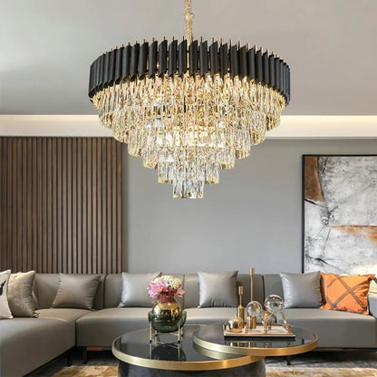 Black crystal round chandelier flush mounted on a polished steel body