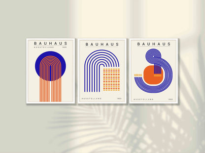 Orange Blue Bauhaus Abstract 3-Piece Canvas Wall Set