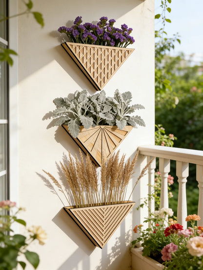 Wooden triangle geometric wall planter with small succulent in living room