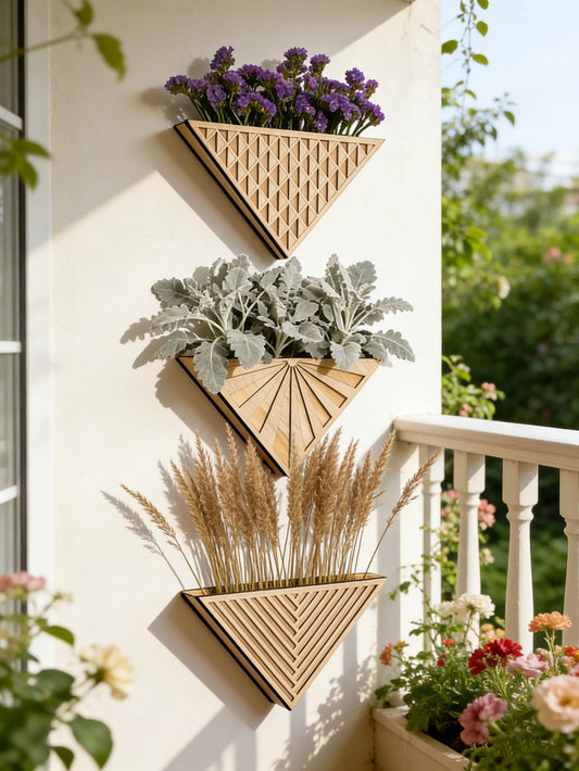 Wooden triangle geometric wall planter with small succulent in living room