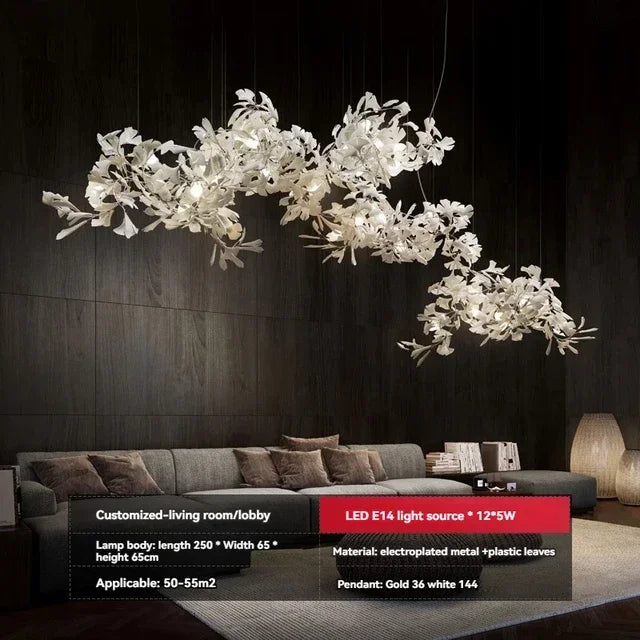 Long horizontal ginkgo chandelier, 98.4 inches across, in ceramic leaves