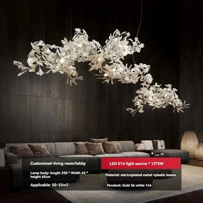 Long horizontal ginkgo chandelier, 98.4 inches across, in ceramic leaves