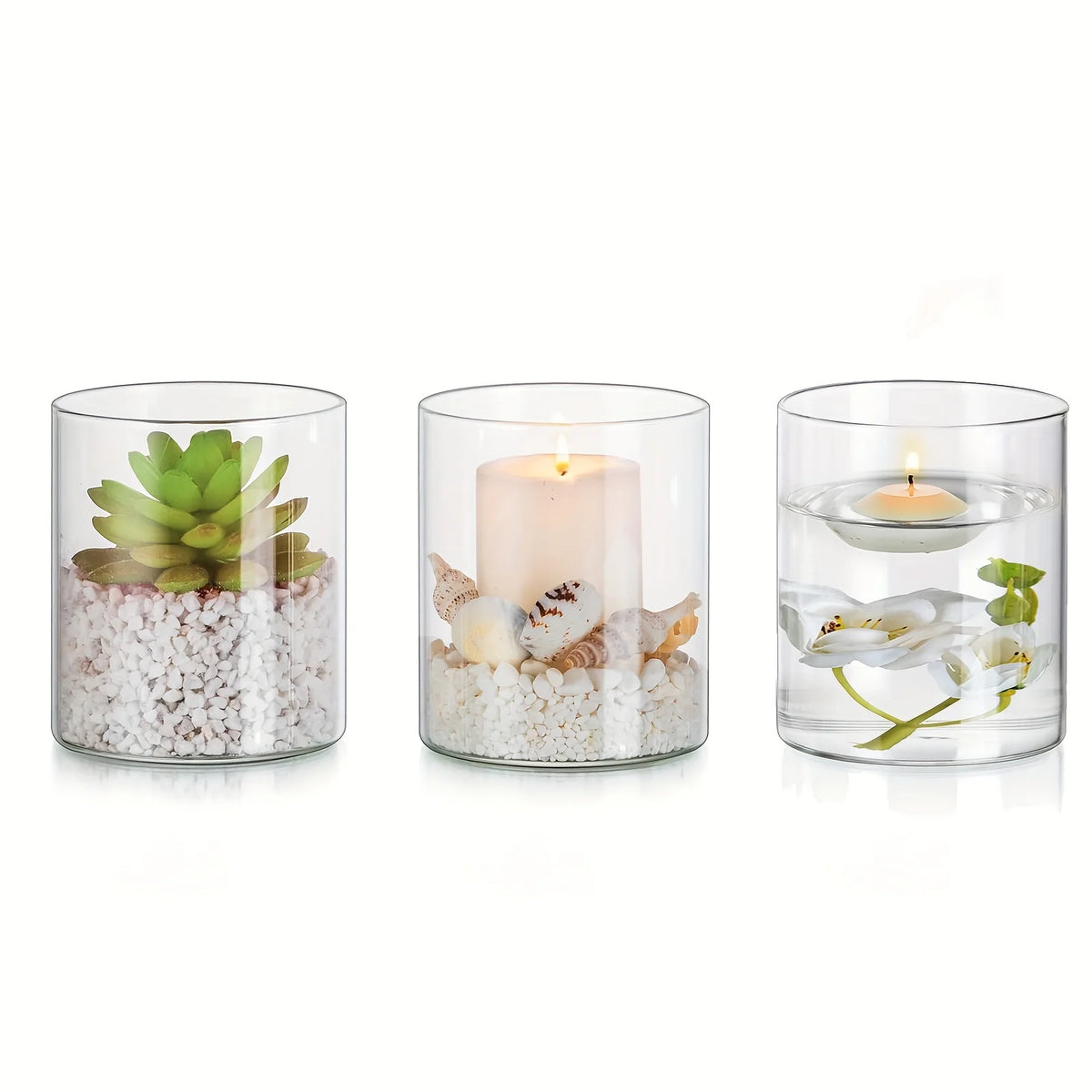 Set of three clear acrylic cylinder vases with floating candles for wedding centrepiece