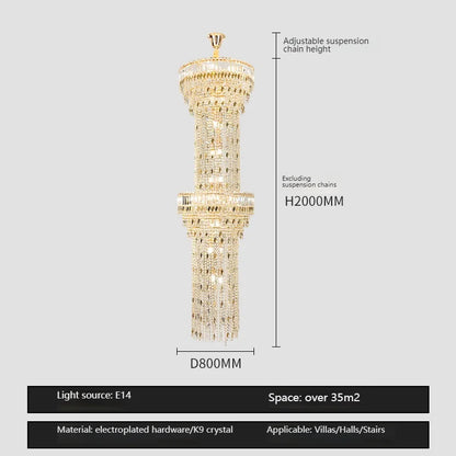 Three layer crystal chandelier, 31.5 inches wide by 118.1 inch drop