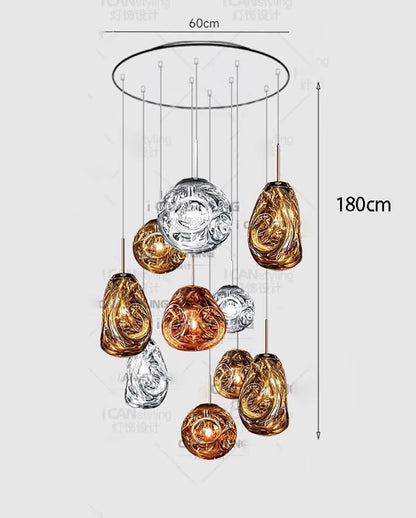 Brushed stainless chandelier chassis carrying clear glass shades