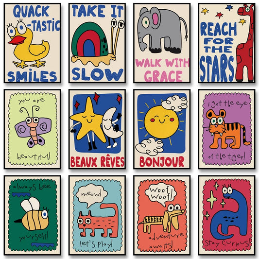 Colorful Kids Animals Minimalist Canvas Wall Art