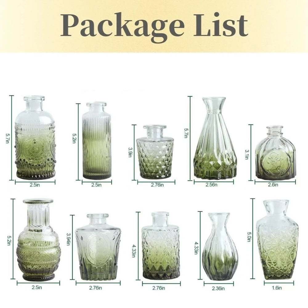 Embossed glass mini vase set paired with dried pampas stems on shelf