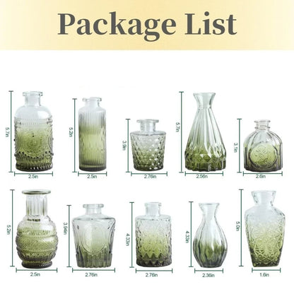 Embossed glass mini vase set paired with dried pampas stems on shelf