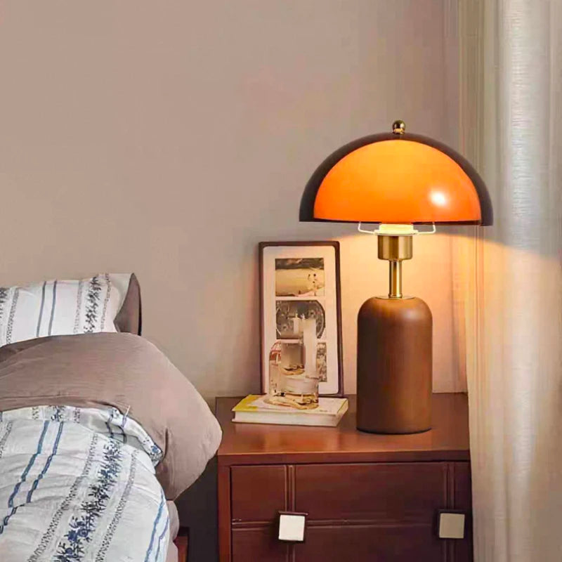 Japanese luxury table lamp warm light mode on bedroom nightstand