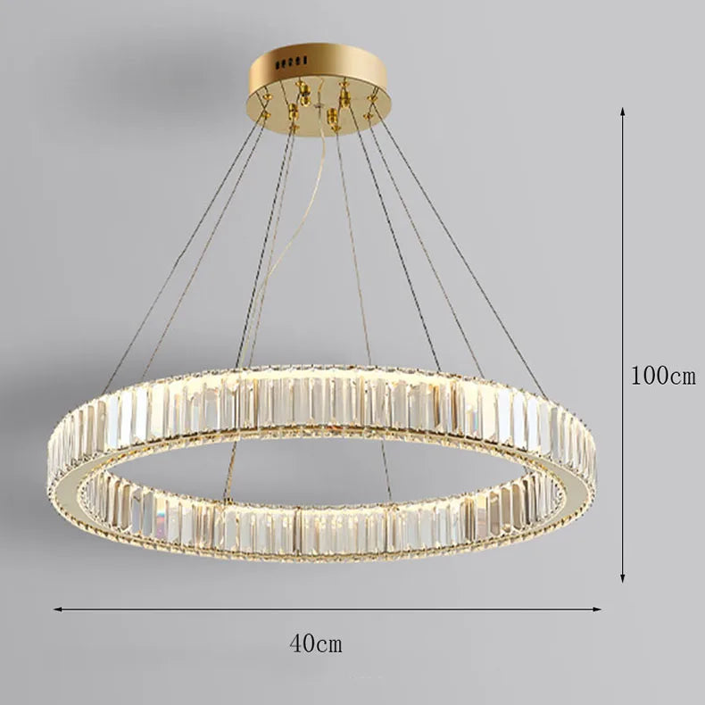 Six ring crystal chandelier set to a 118.1 in adjustable drop height