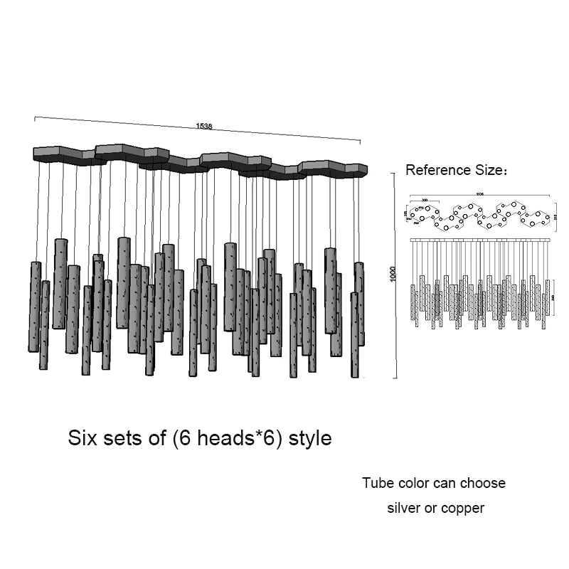 Nordic tube chandelier with 24 heads sized for a restaurant or bar counter