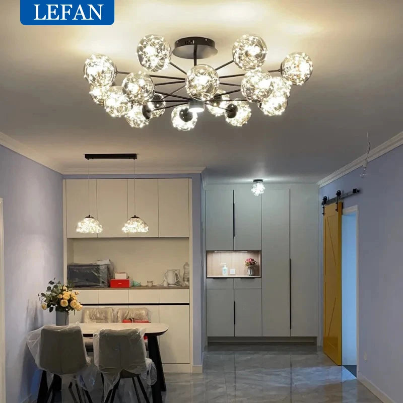 Six head Nordic glass ball chandelier in a black forged iron finish