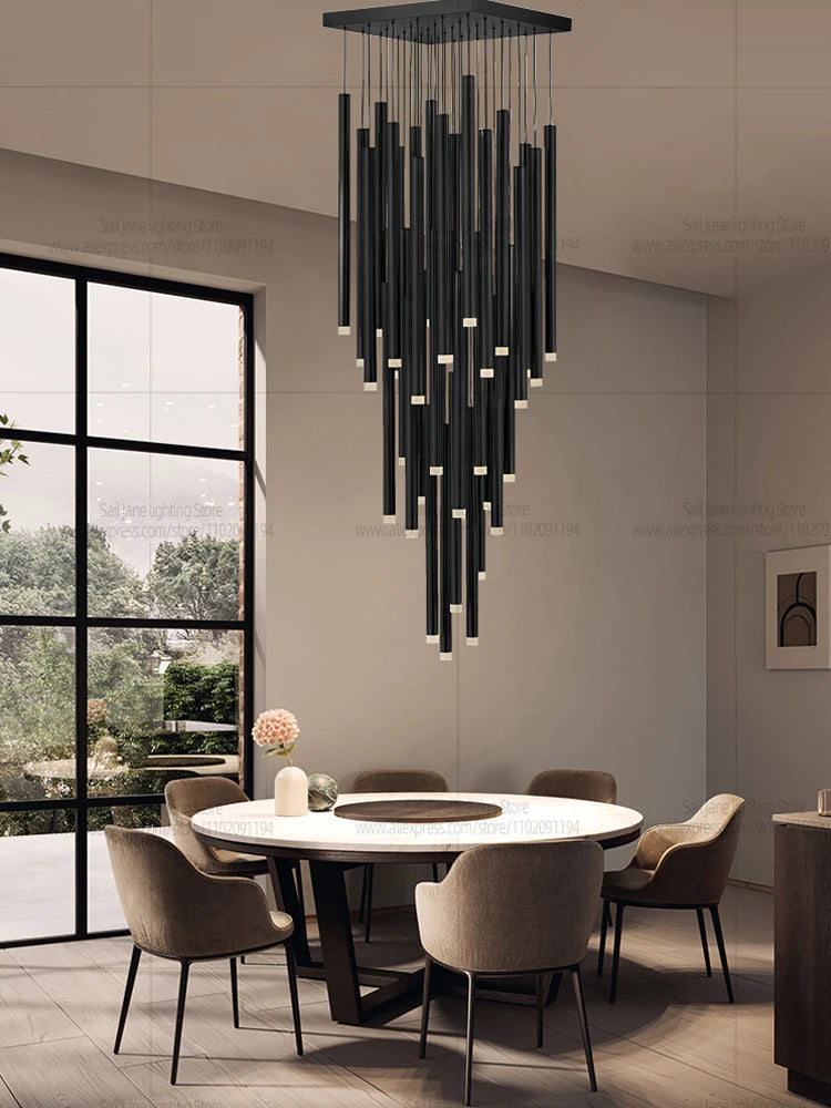 Long black chandelier with remote dimming and integrated LED sources