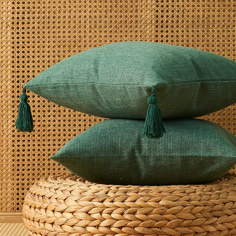 Linen Tassel Lumbar Pillow Cover — styling detail