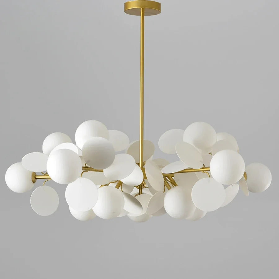 White shade branch chandelier, 47.2 by 17.7 inches, on an iron frame
