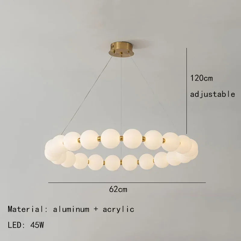 Modern white bead chandelier ring with soft, glare-free upward light