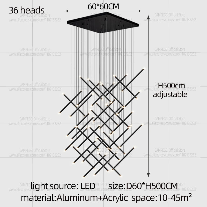Linear chandelier with ten heads, 31.5 in long, 59.1 in drop