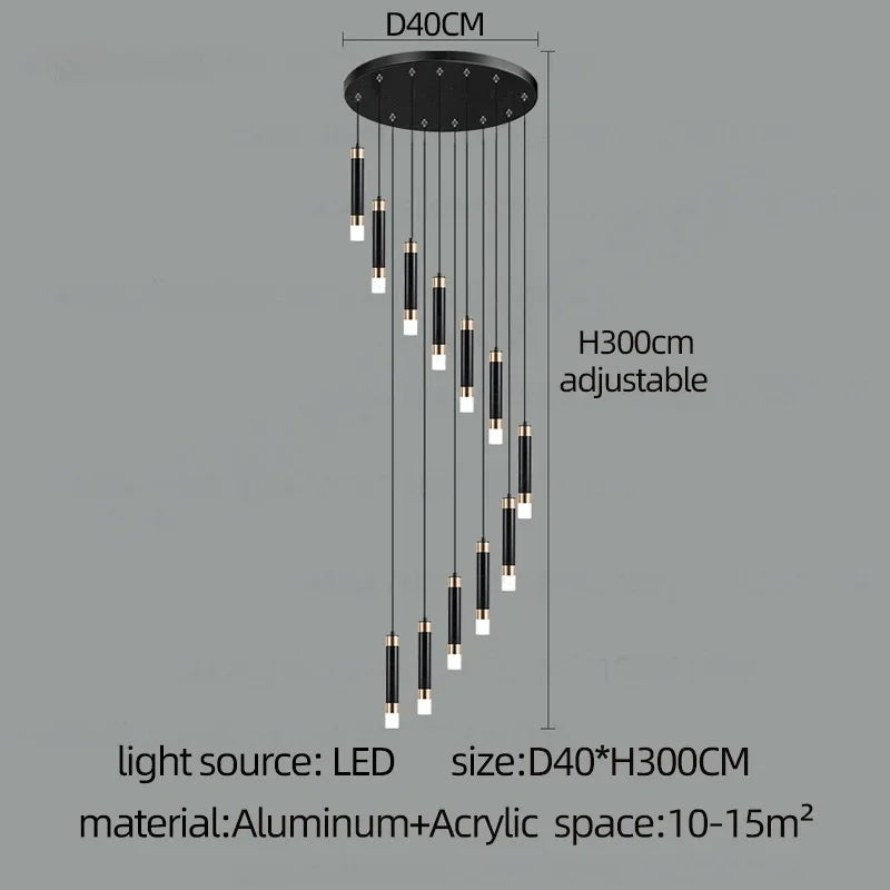 Nordic staircase chandelier with white 6000 to 6500K light on slim rods