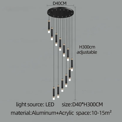 Nordic staircase chandelier with white 6000 to 6500K light on slim rods