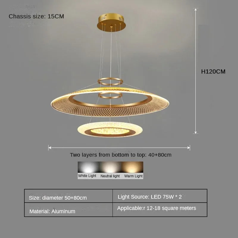 Dimmable gold ring chandelier controlled by a handheld remote