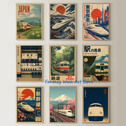 Vintage Japanese Railway Landscape Canvas Wall Art