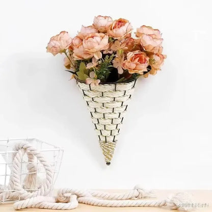 Rattan wall hanging planter wicker flower basket iron pot décor