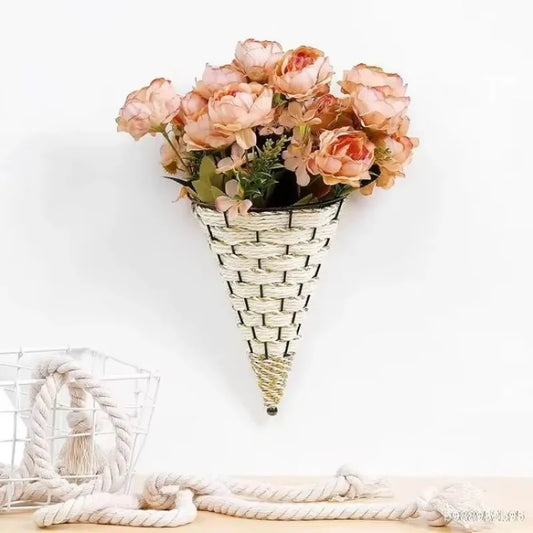 Rattan wall hanging planter wicker flower basket iron pot décor