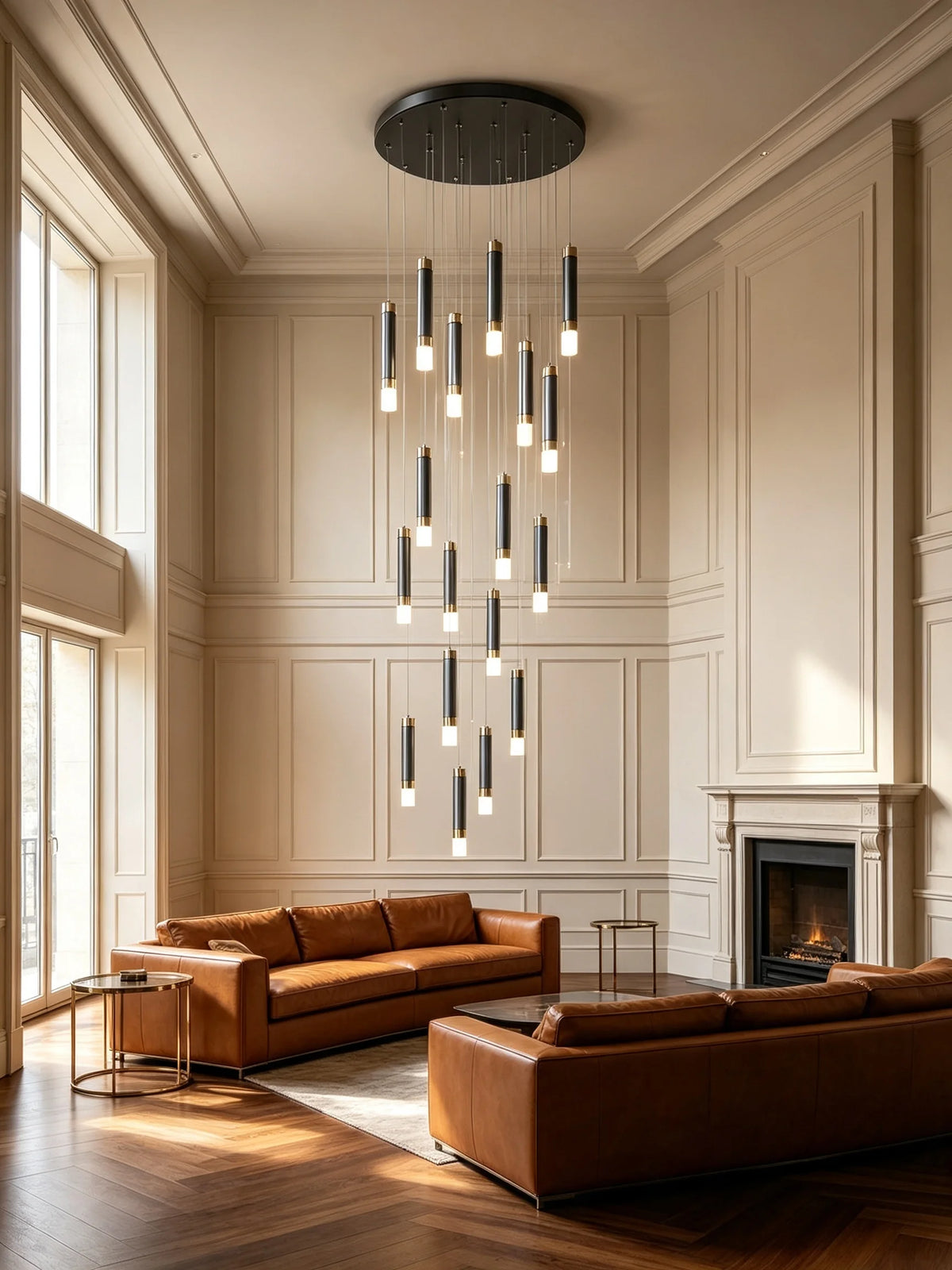 Acrylic rod detail on a plated aluminum chandelier frame in black and gold