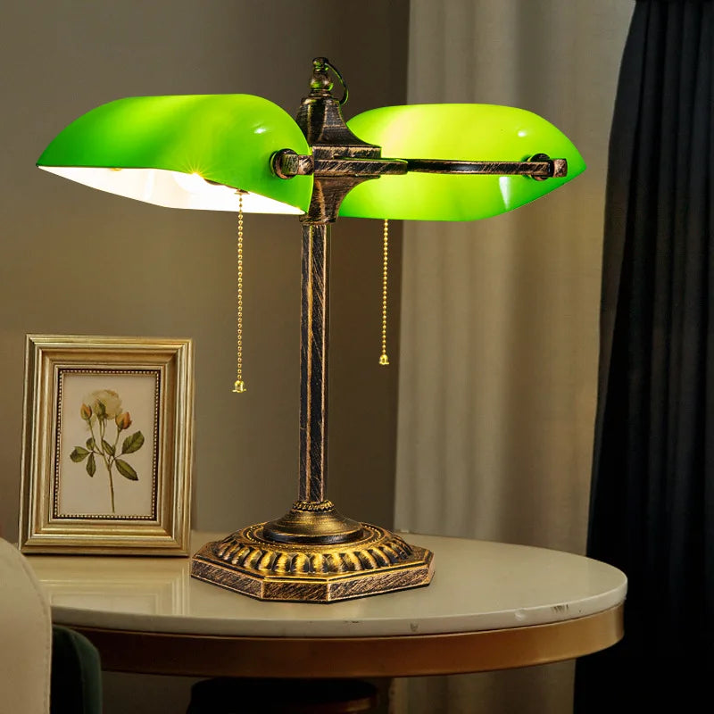 Shanghai banker green desk lamp double head switched on study view
