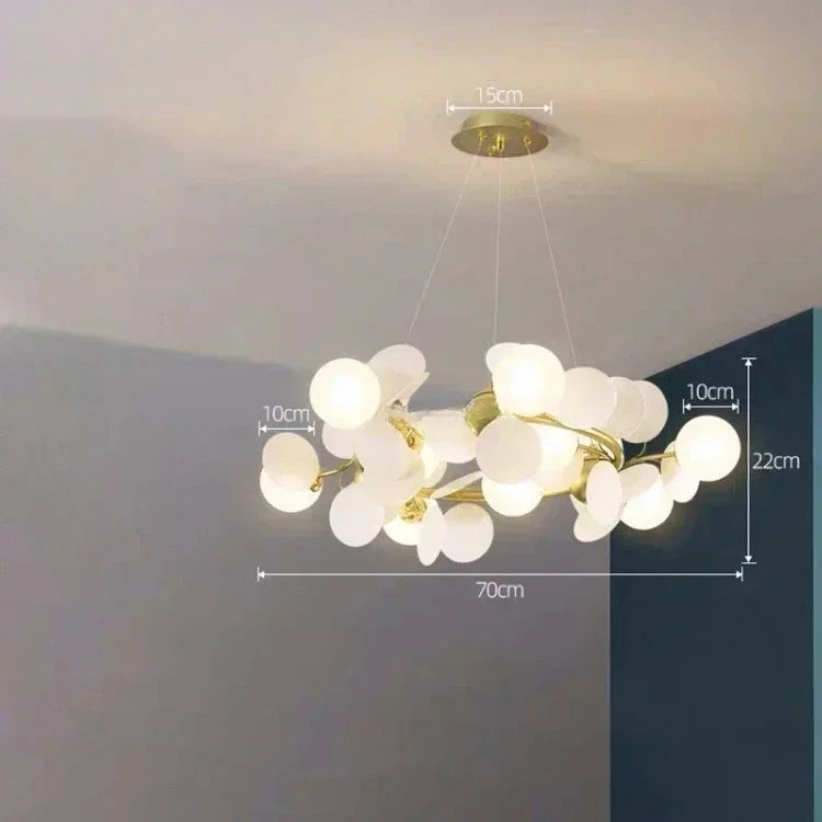 Art style flower branch chandelier in painted metal with globe shades