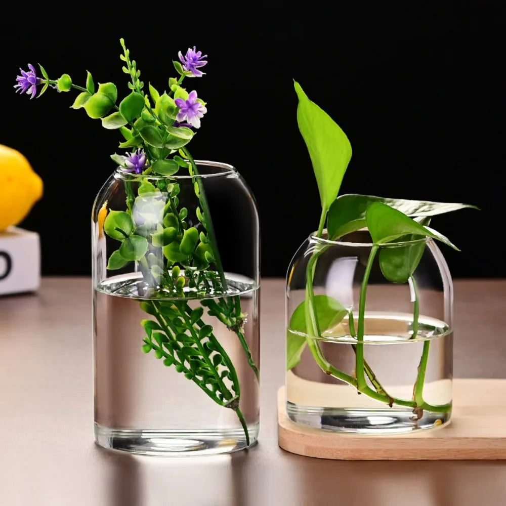 Close-up of clear glass minimalist vase with elongated cylindrical form
