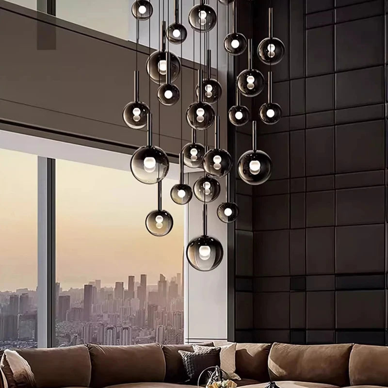 Vertical glass drop chandelier with a 33 light 350 centimetre cascade