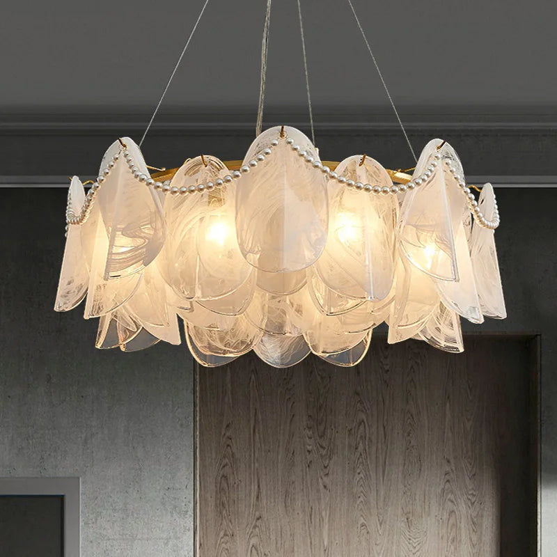 Arrangement A gold chandelier at 23.6 in across with glass shades