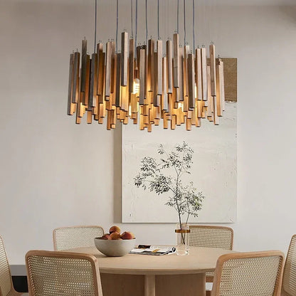 Dark wood farmhouse chandelier with plated gold iron hardware